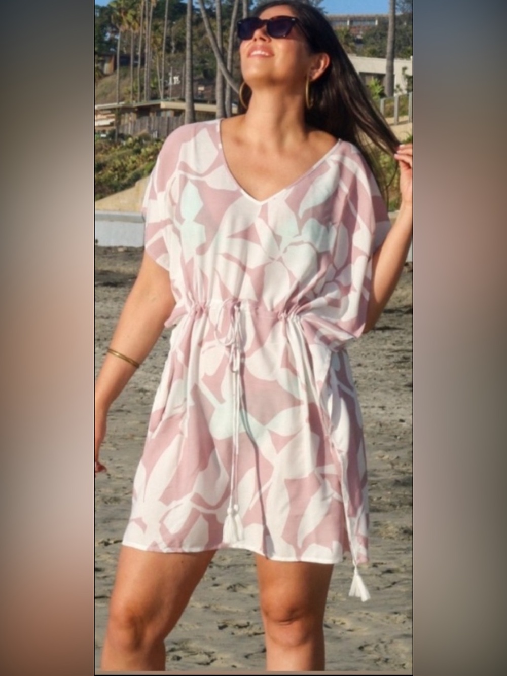 Poolside Paradise The Islander Swim Coverup Dress Mauve & White Palm Leaf M/L👍